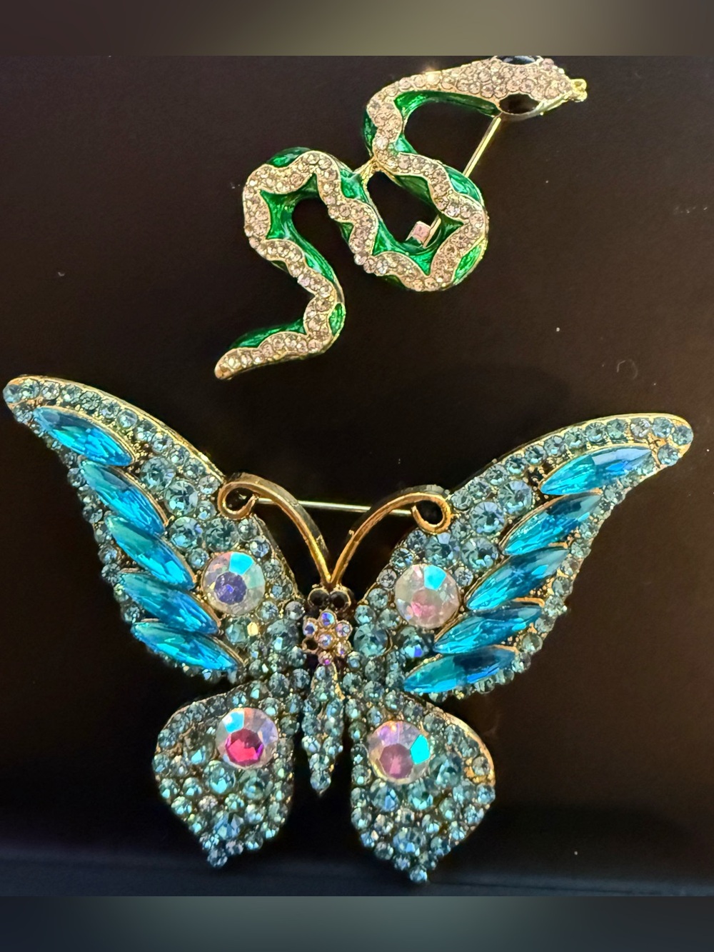 Green Enamel Snake Brooch and Blue Crystal Butterfly Brooch Lapel Pin